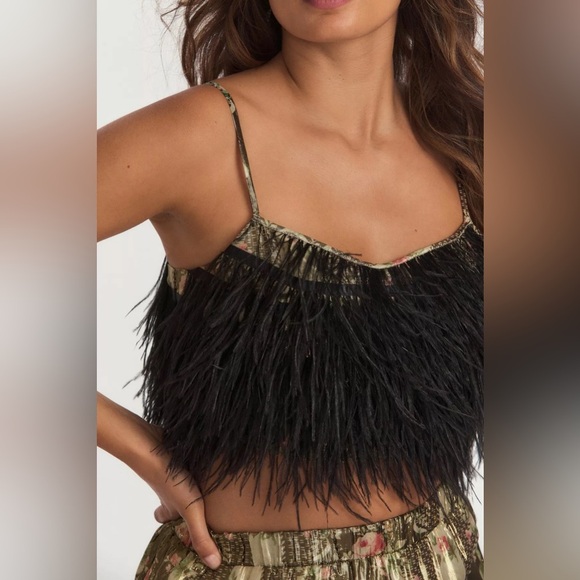 LOVE SHACK FANCY Dusty Metallic Floral Feathered Fringe Hem Crop Top - Picture 1 of 13